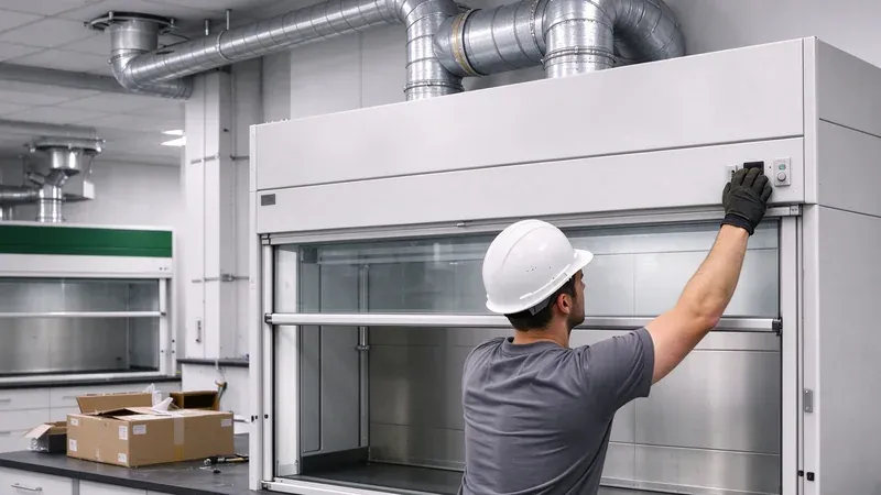 Technician commissioning a newly installed laboratory fume hood with exhaust ductwork above Technician commissioning a newly installed laboratory fume hood with exhaust ductwork above